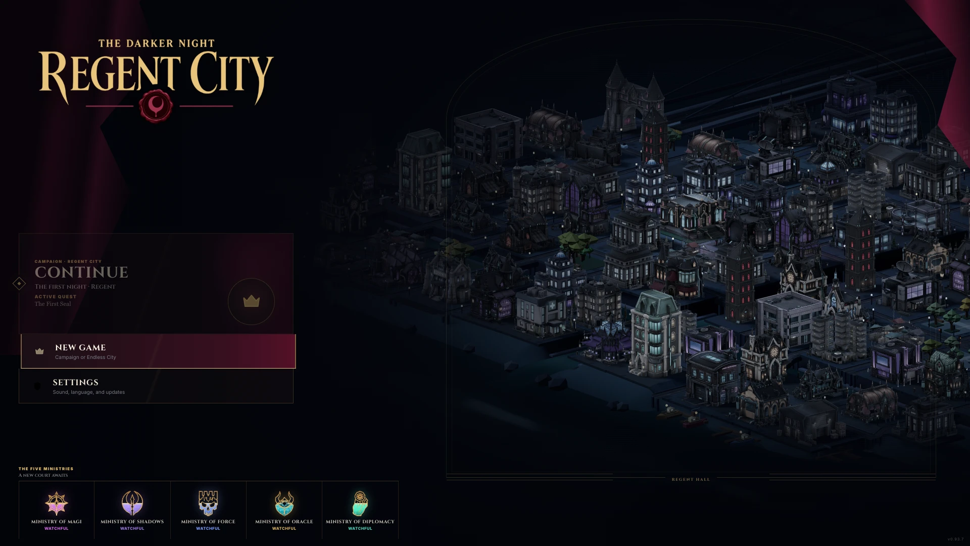 Regent City main menu overlooking the night city and the five Ministries