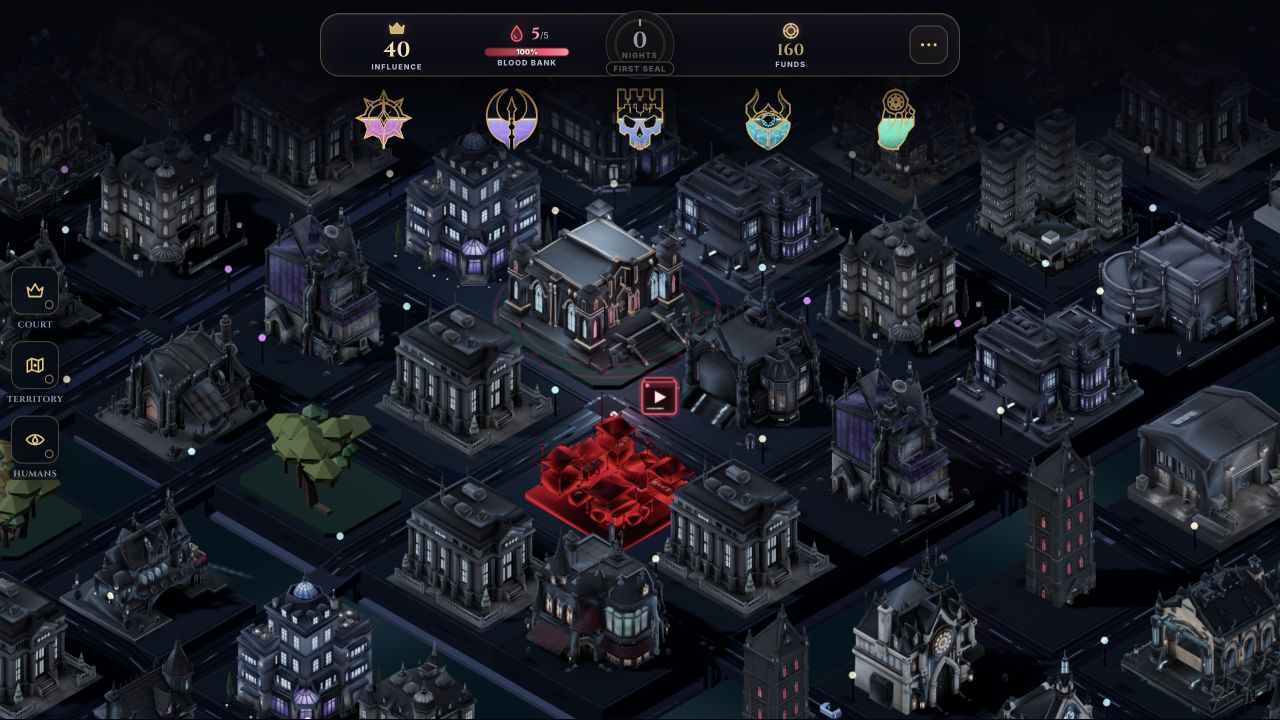 The playable night city with exact buildings, resources, and Ministry loyalty visible