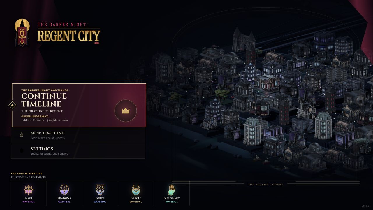 Regent City main menu overlooking the night city and the five Ministries
